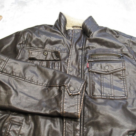 Levis Jacket Mens Large Brown Faux Leather‎ Sherpa Lined Pockets Snap Zip Front - Picture 8 of 16